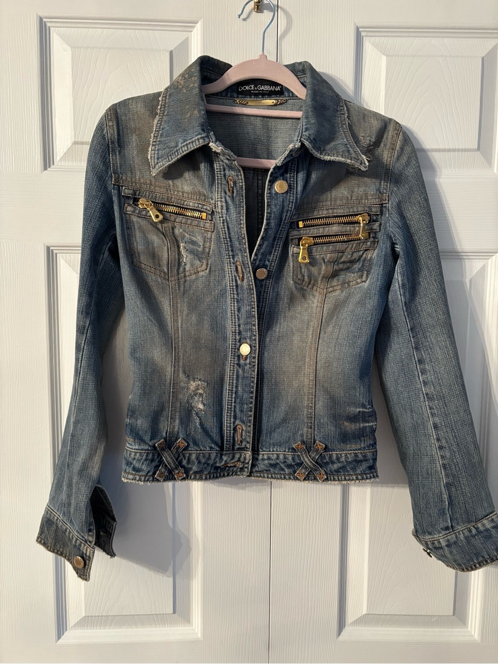 Dolce & Gabbana Faded Blue Denim Jacket with Gold Hardware